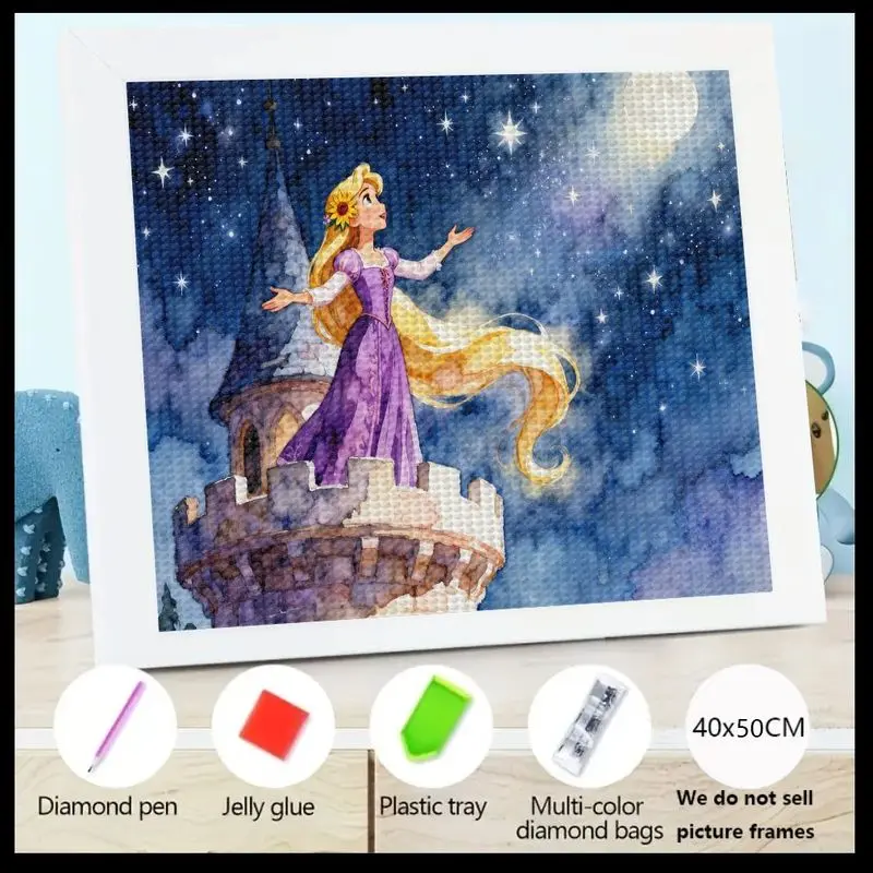 

1PC 5D Full Drill Diamond Painting Kit, DIY Princess Fairytale Castle Tower Under Starry Night Sky Crystal Gem Art, 40x50CM Larg