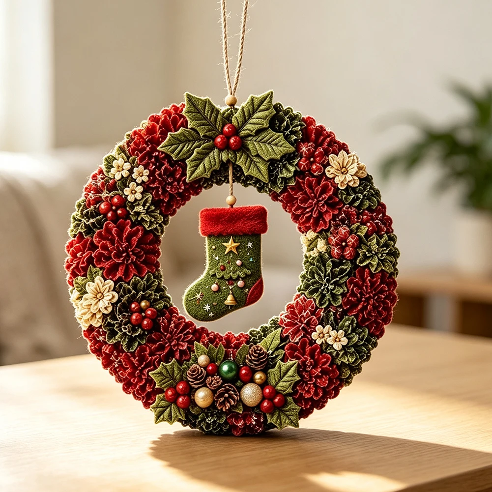 Red Christmas New Year Party Decor Handmade DIY Wreath Kit Soft Felt Material Craft Set Hand Assembled Garland Xmas Home Decor