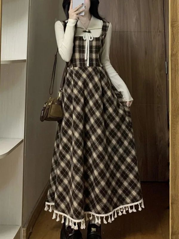 

Женская осенне-зимняя длинная юбка-трапеция в клетку с утягивающим поясом, больших размеров, в студенческом стиле