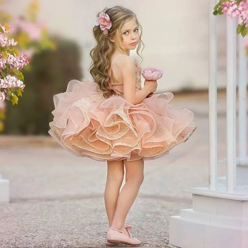 Vestido de niña de flores con apliques rosas para boda, sin mangas, hinchado, en capas, hasta la rodilla, Princesa, fiesta de cumpleaños, vestidos de primera comunión