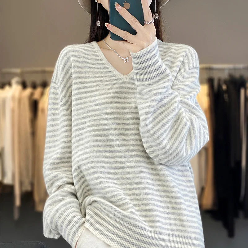 % Wool Sweater Women Pullover Autumn Winter New Knitted Long Sleeve Simple Striped Jacquard