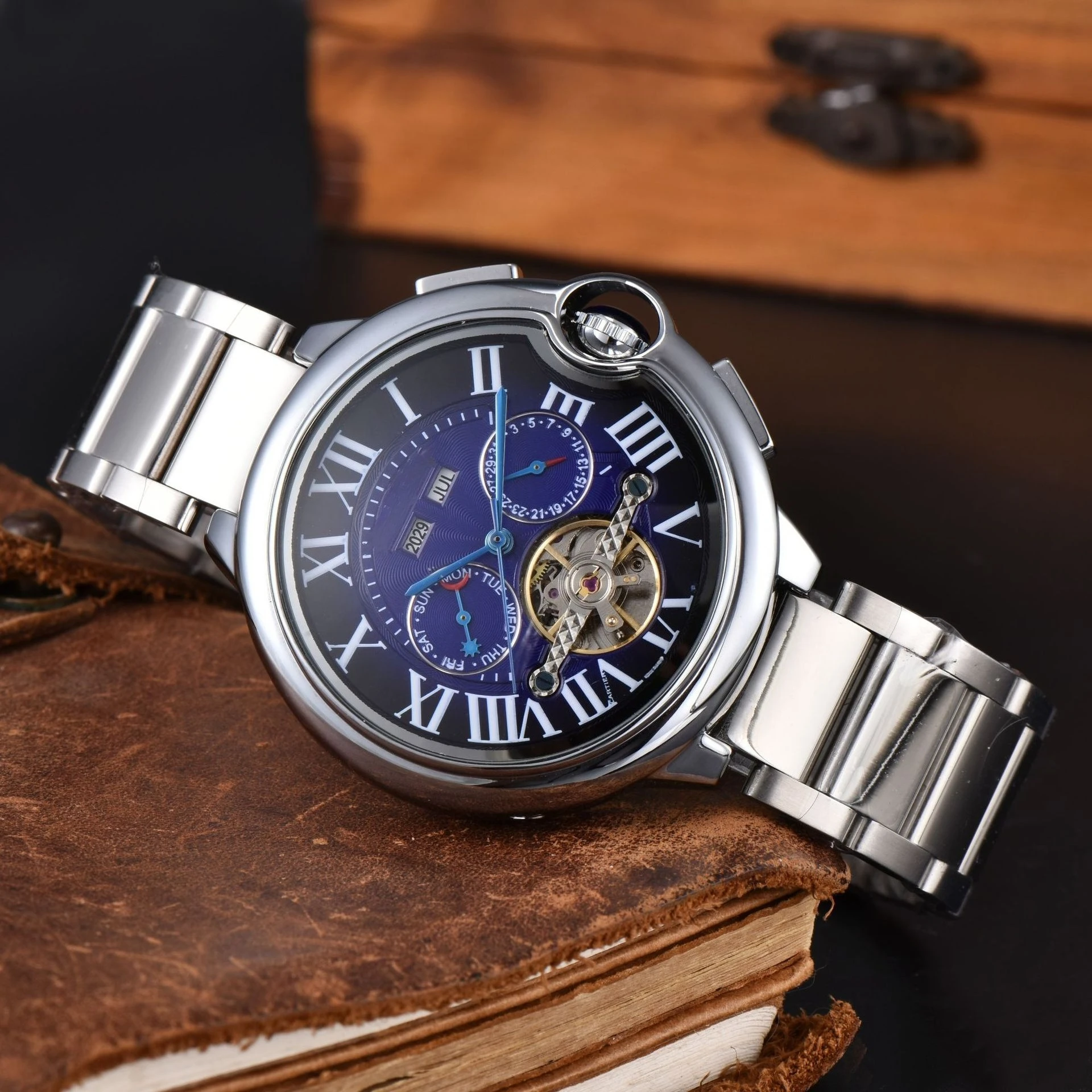 Famous Designer Brand Mens Watch Automatic Mechanical Movement with Skeleton Flywheel Luxury High Quality Steel Strap Wristwatch