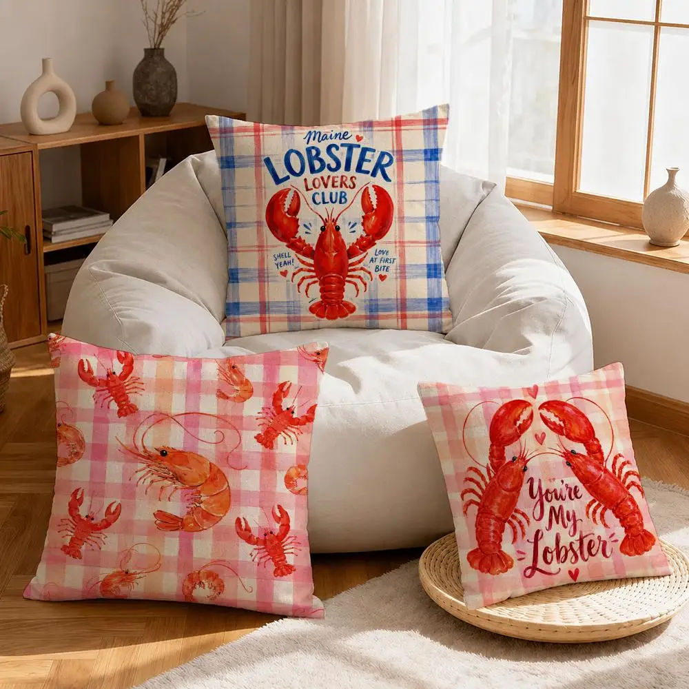 Cartoon Cute Shrimp Cartoon Cushion Cover Linen Anti-Mite Antibacterial Cushion Cover Invisible Zipper Sofa Decor