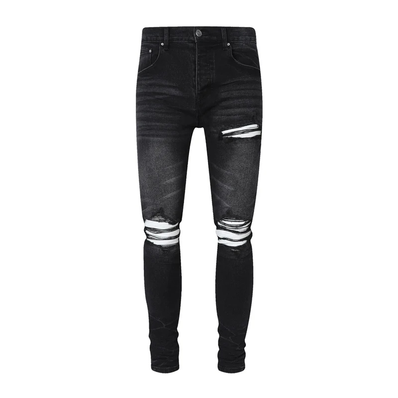 Y2KAutumn fashion new men's perforated white patch washed jeans nostalgic black jeans high street hip-hop brand pants Y2K
