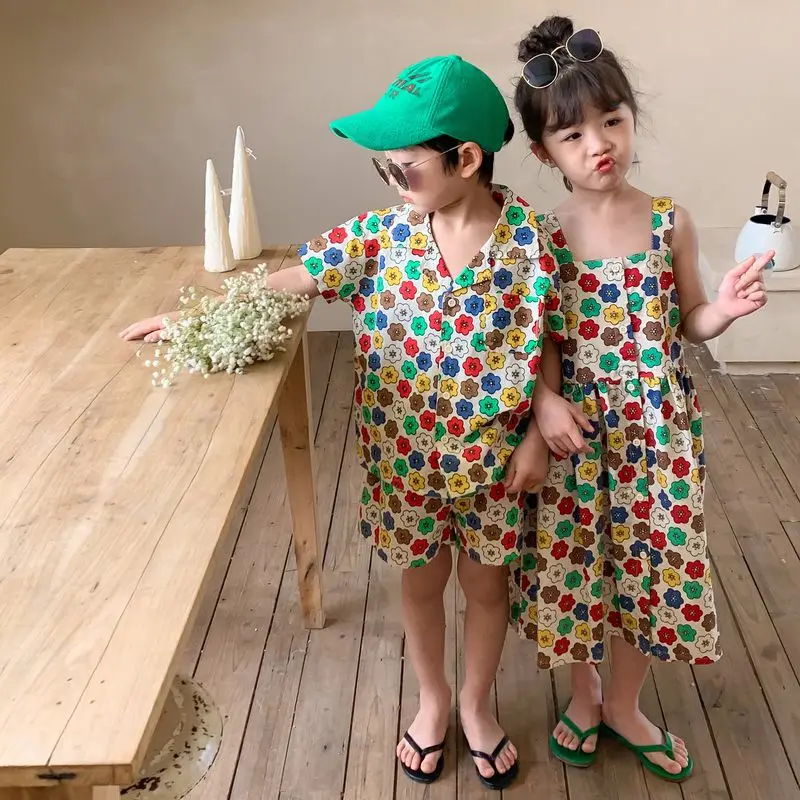 

2026 Summer Sibling Matching Outfits Kids Floral Print 2PCS Set Boy Short Sleeve Shirt + Shorts Girl Cami Dress Casual Loose