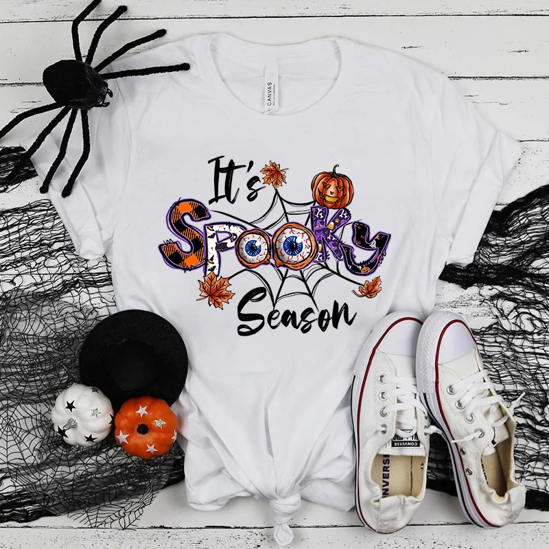 (Premium T-shirt)New Halloween It'S Spooky Season Print T-Shirt Women Fashion Short Sleeve Casual Summer Tops Tees(Fast Delivery