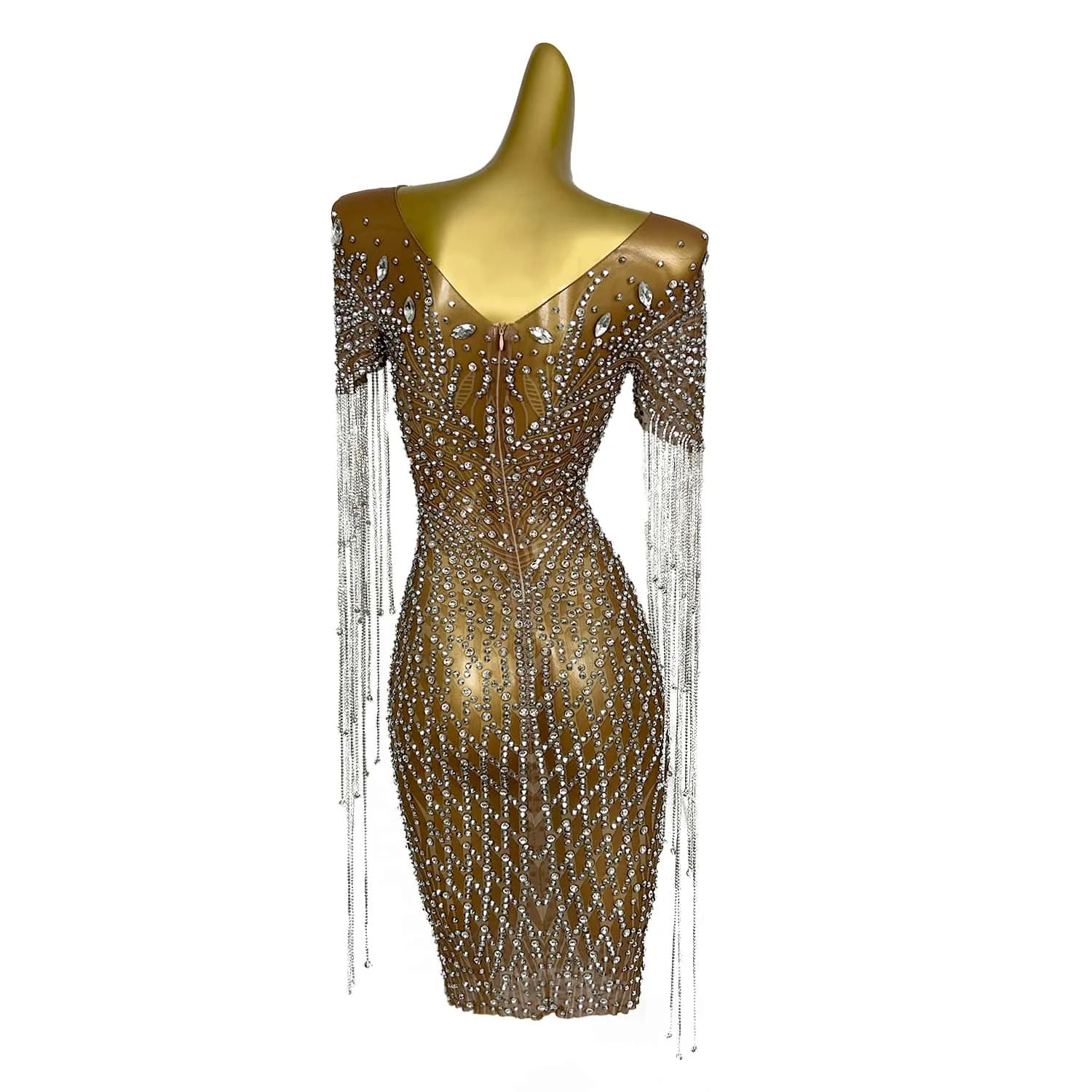 

Rhinestones Chains Crystals Dress Women Celebrate Birthday Evening Dress Prom Outfit Sexy See Through Show Stage Wear Shengkai