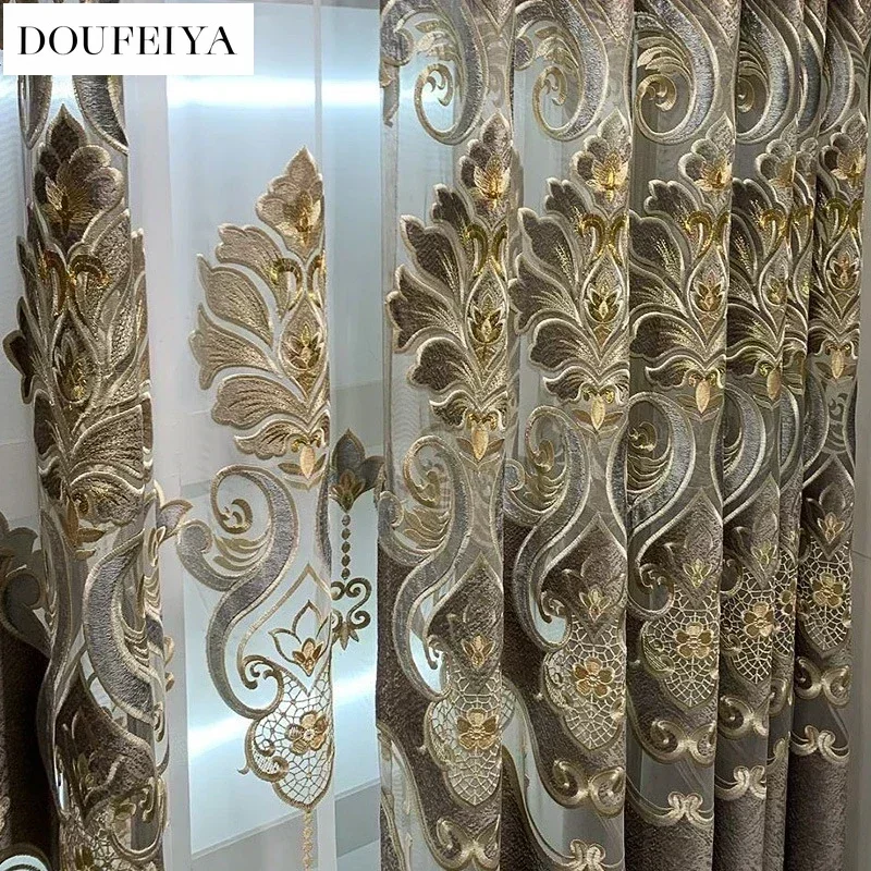 European Embroidered Grey Luxury Curtains For Living Room Bedroom Blackout Valance Window Screening Villa Decor Tulle Custom