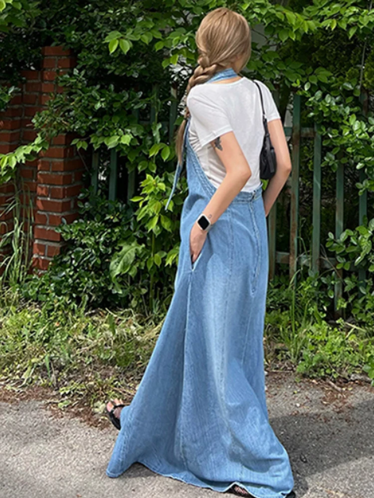 Korean Sle Loose A-Line Denim Dr Women's Faionable Long Summer Ne Hanging Dr Sensation Layering Design Casual Skirt
