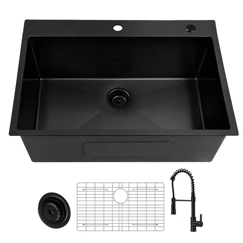 

30" Drop-in Single Bowl Kitchen Sink, 18G Black Stainless Steel, Handmade Topmount Sink, Black Pull-Out Spring Neck Faucet