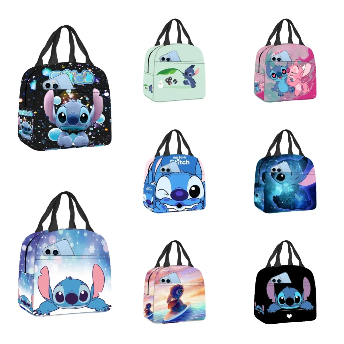 Disney Cartoon Impressão Lunch Bag, Cute Student Bag, Efeito de isolamento portátil, Saco de Material Tecido Oxford, Lilo e Stitch Box