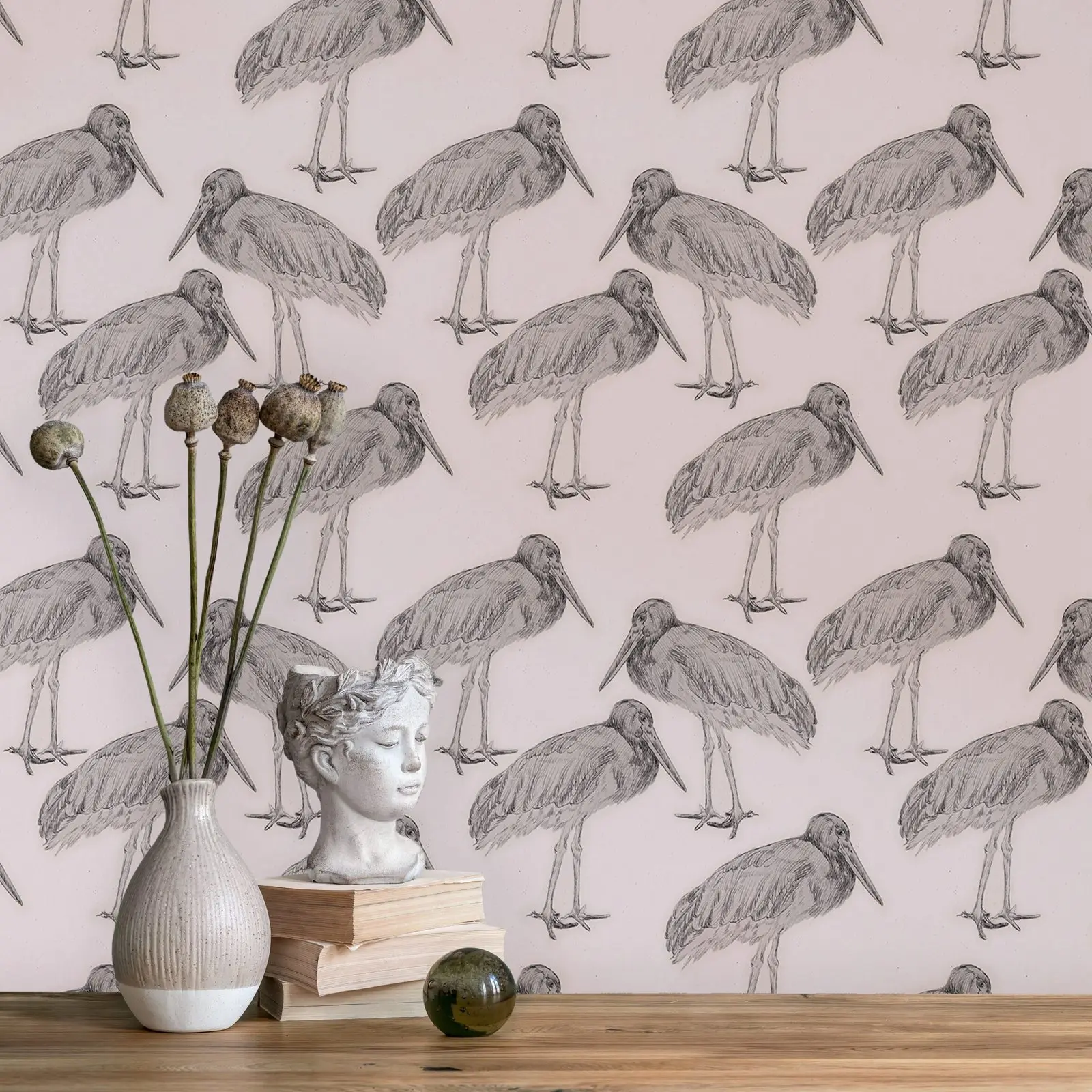 Neutral Cranes Birds Wallpaper / Peel and Stick Wallpaper Removable Wallpaper Home Decor Wall Art Wall Decor Room Decor 50*300cm