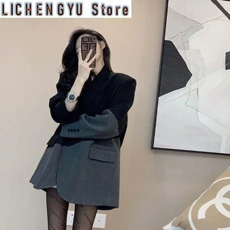 New Korean Hepburn Style Black And White Patchwork Blazer Coat Women Long Sleeved Slim Elegant Suit Jackets Ladies Top