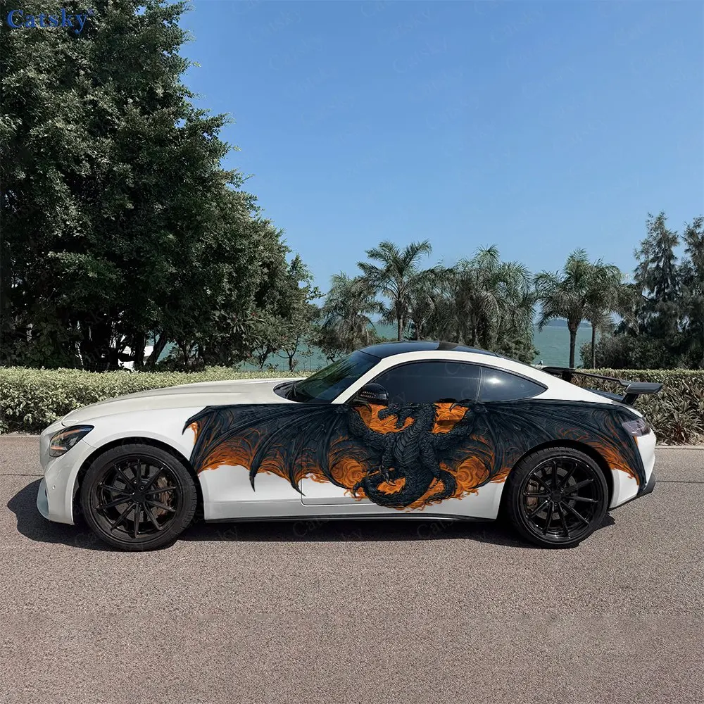 2pcs Orange-Flame Giant Winged Dragon Car Side Wraps, Self-Adhesive PVC Waterproof & Scratch-Resistant Stickers, Car Accessory