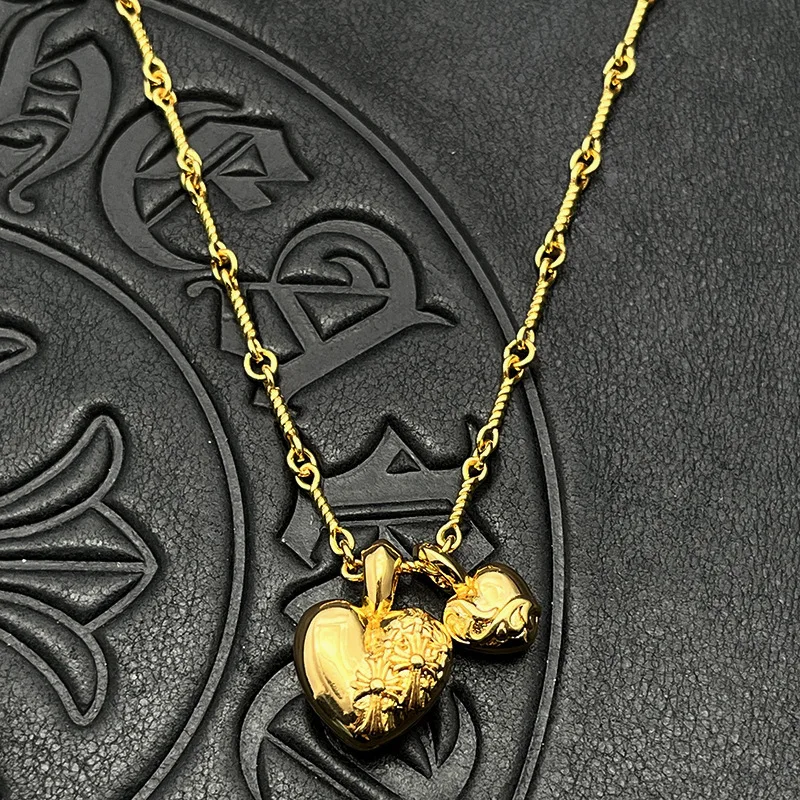 

S925 Pure Silver trendy jewelry Thai silver-plated 22K gold double peach heart pendant necklace cross-border cross love