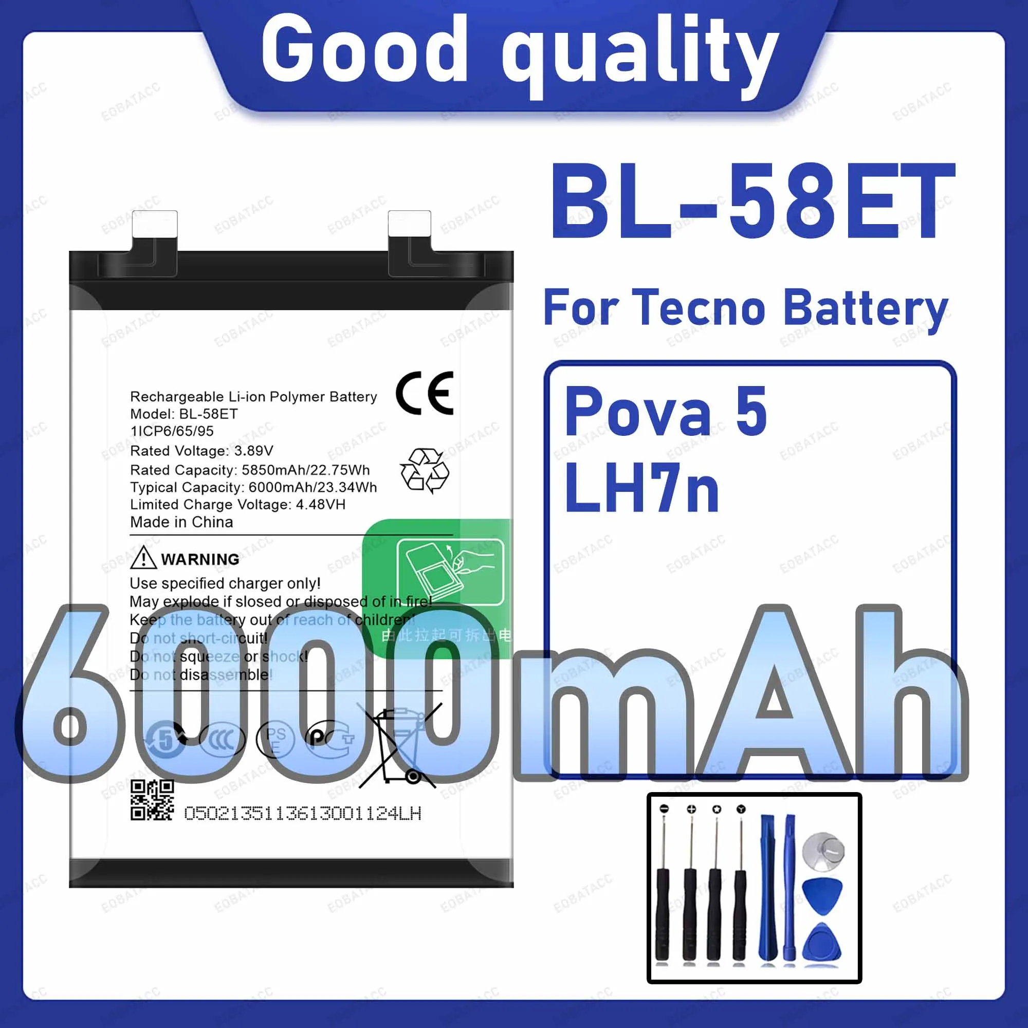 6000mAh 100% New BL-58ET Battery For Tecno Pova 5/LH7n Replacement Bateria+Free Tools