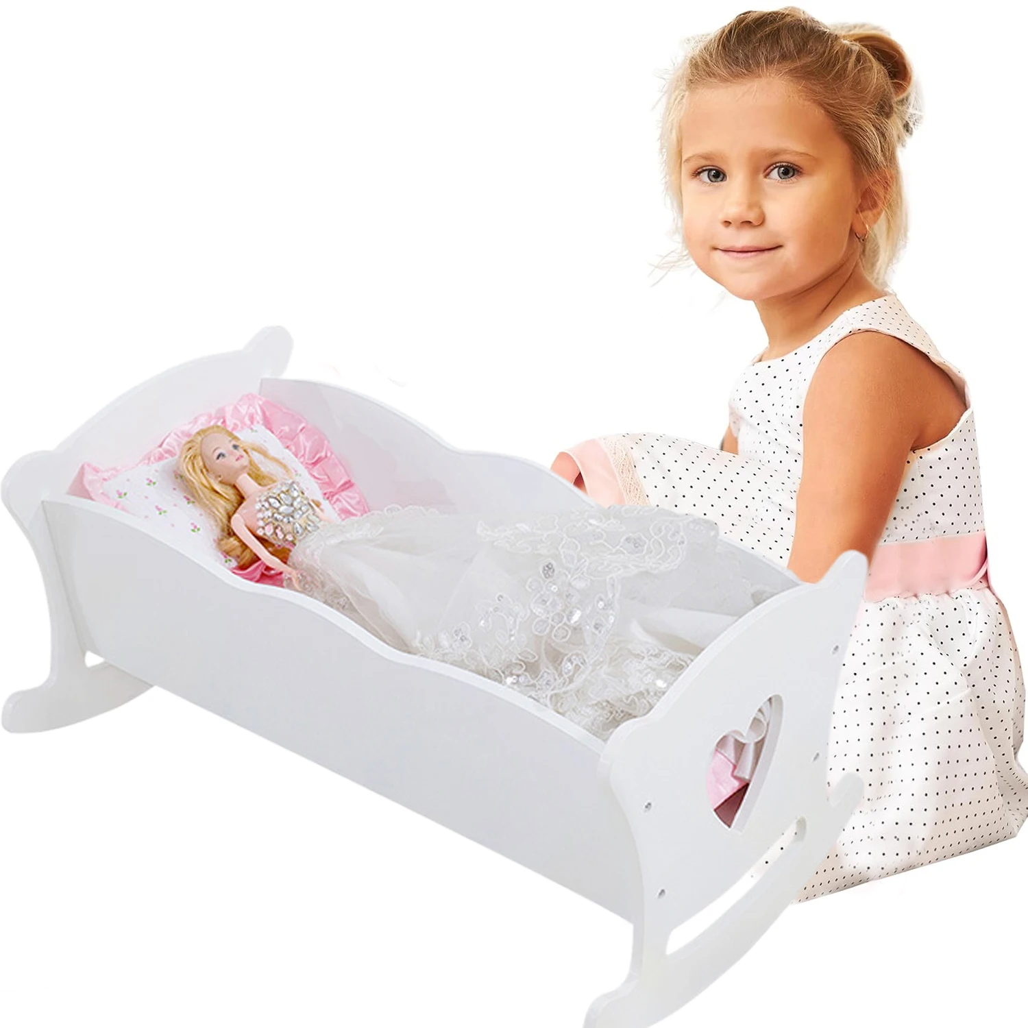 Berço de boneca branco, berço de balanço de madeira para cama de bonecas de 20 tamanhos/51cm com colchão e travesseiro-móveis de boneca melhor presente