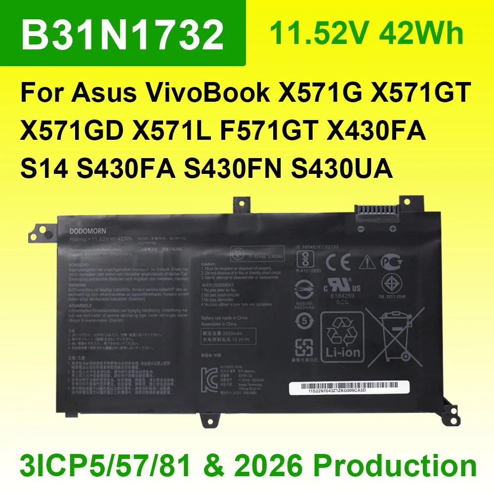 Batería para Portátil Asus VivoBook X571G X571GT X571GD X571L F571GT A571 K571 X430FA S14 S430FA S430FN S430UA, 11.52V 42Wh, Modelo B31N1732