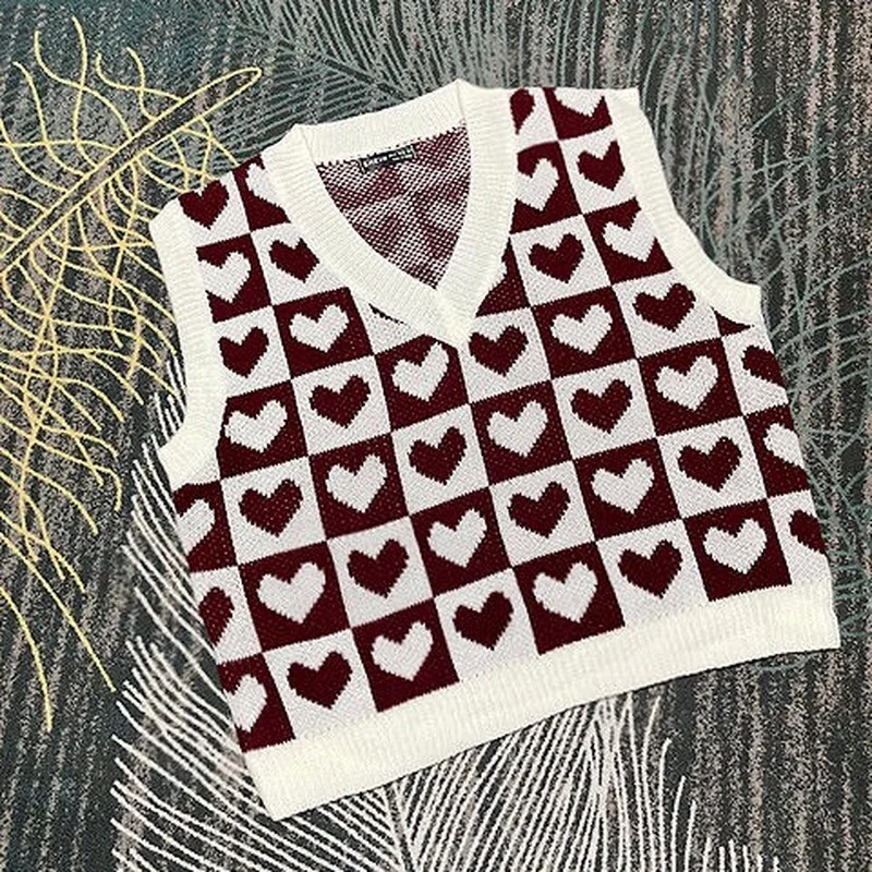 KOSAHIKI Classic Heart Plaid Knitted Sweater Vest Women 9 Colors Crop Loose Waistcoat Y2k Harajuku Autumn Hip Hop Knitwear Tops