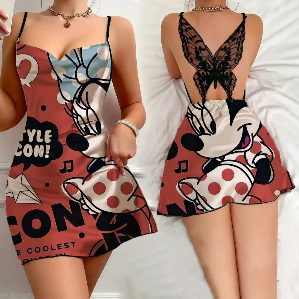 2024 Summer Women's Nightwear Sexy Female Pajama Free Shipping Disney Cartoon Minnie Pattern Sleevesless Sleeping Home Dress