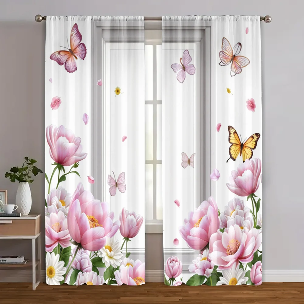 2pcs, Window Curtain Floral and Butterfly Print Polyester Easy Install (without rod) Versatile All Use for Bedroom & Living Room