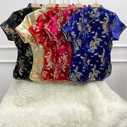 New Jacquard Flower Tang Clothes Women Fashion Qipao Top Vintage Improved Cheongsams Satin Shirt Tops Button Down Wear Plussize