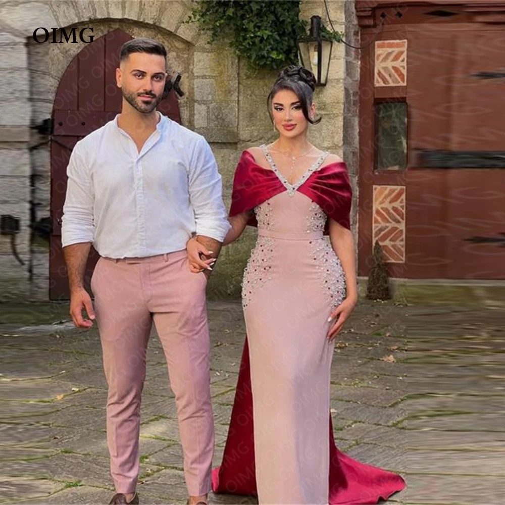 

OIMG Pink/Red Beads Sequines Off-the-Shoulder Evening Dresses Satin Arabic Formal Prom Party Gowns Ankle Length فساتين السهرة