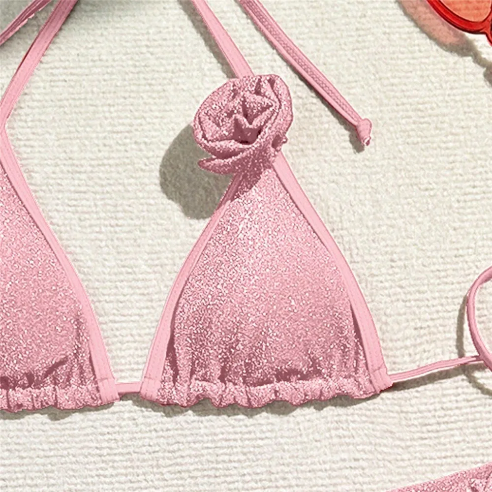 Brilhante vermelho 3d flor roupa de banho halter string triângulo 3 peça conjunto biquíni cobrir sexy maiô feminino 2025 micro tanga biquinis