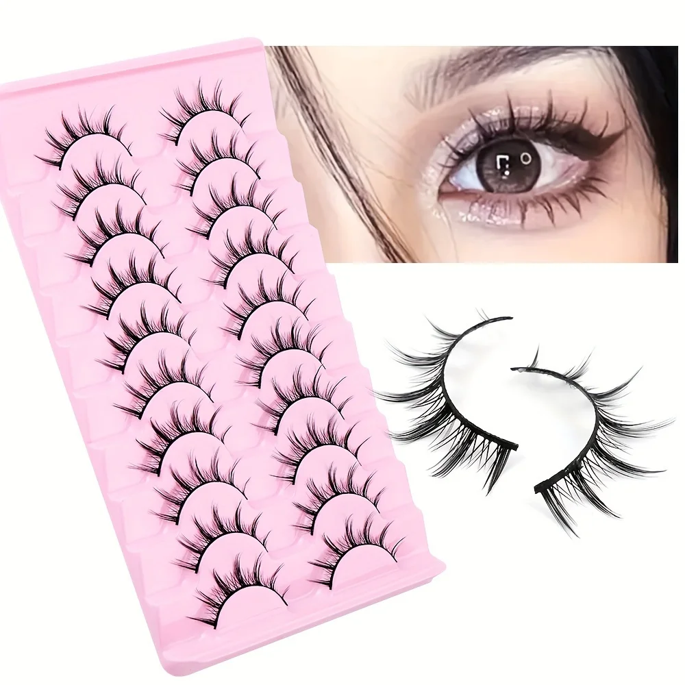 Natural appearance of eyelashes 10 pairs of anime fake eyelashes and thin transparent band 13mm 3D slim pointed eyelashes