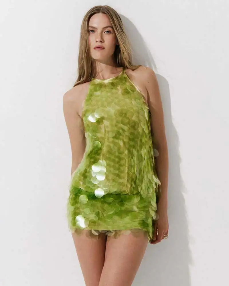 GACVGA Halter Grote Pailletten Mouwloze Sexy Mini Bodycon Jurk Open Rug Transparant Strand Vakantie Dames Elegante Jurk Club Feestjurk