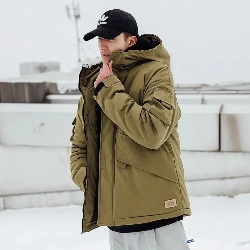 

Men's Thickened Fleece-lined Cotton Coat Winter Casual Hooded Jacket Loose Fit Black Vintage Style Parkas For Outerwear