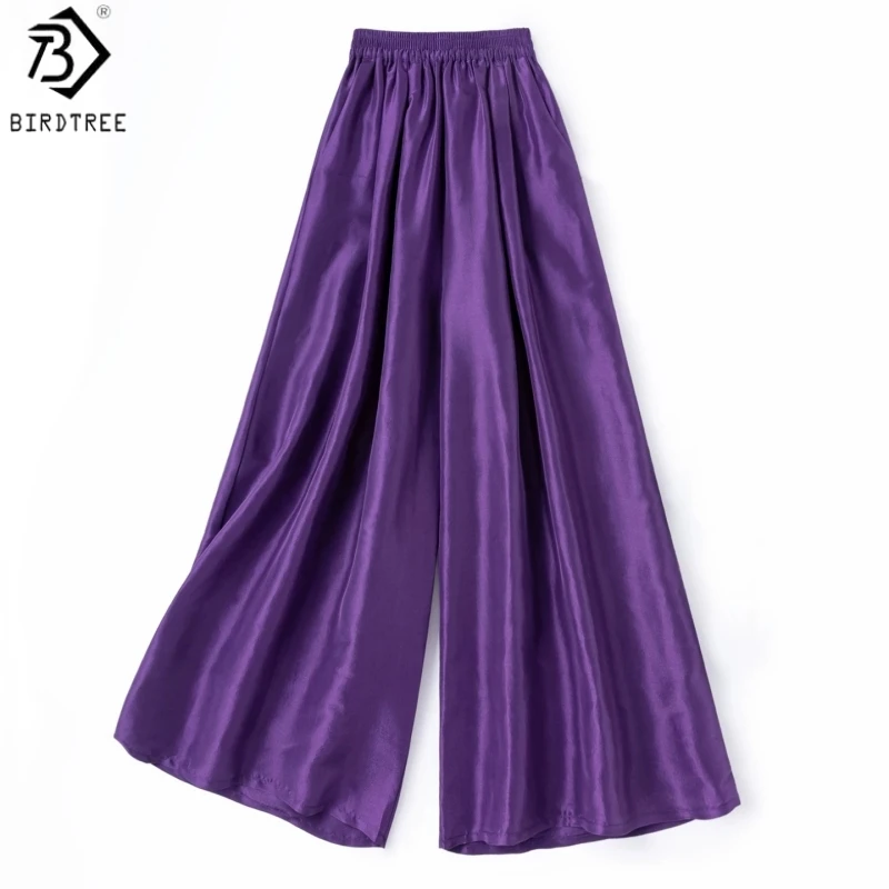 

Birdtree, 100% Real Silk Pants, With Pocket, Women's Dupioni Silk Wide Leg Trousers, Elastic Waist, 2026 Spring New P66210JF
