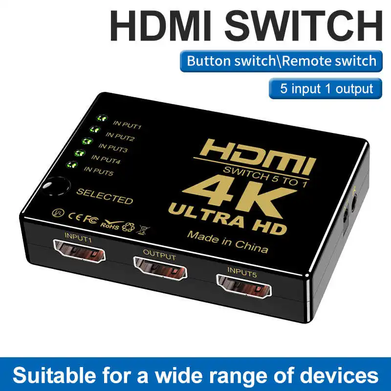 4K HDMI Splitter 5 in 1 out 5 Ports 1x5 HDMI Switch Video Distributor Splitter for PS3/4/5 Xbox TV PC Laptop Monitor Projector