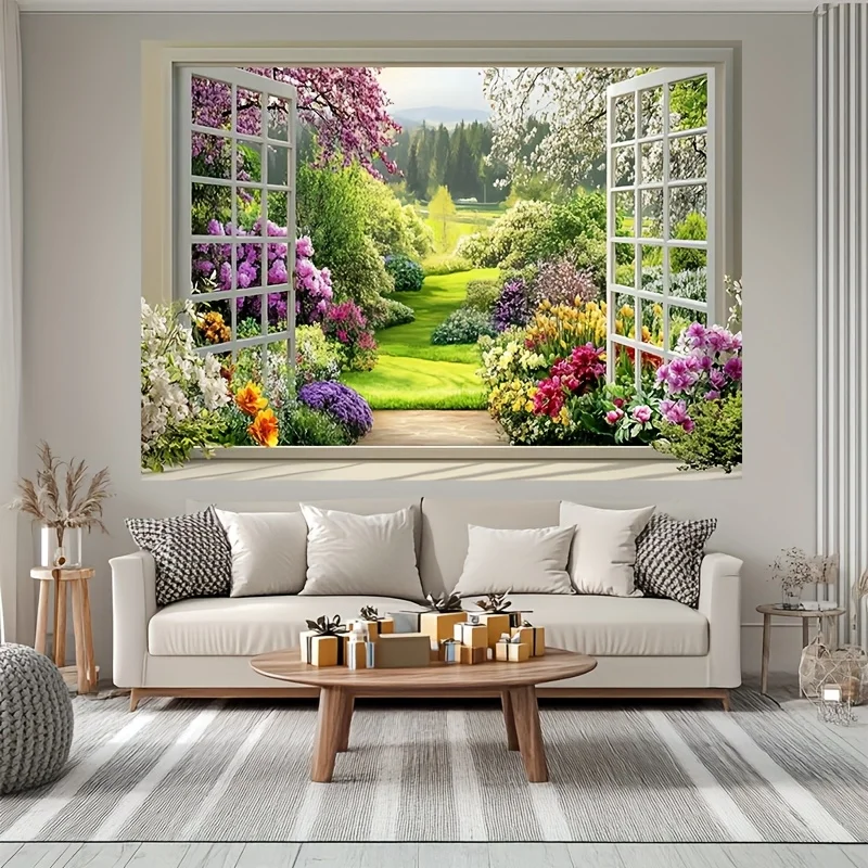 2D flaches 1-teiliges Polyester-Banner mit Frühlingsgartenlandschaft, durch das Fenster, perfekte Wohnzimmerdekoration und Raumdekoration – Detail 3