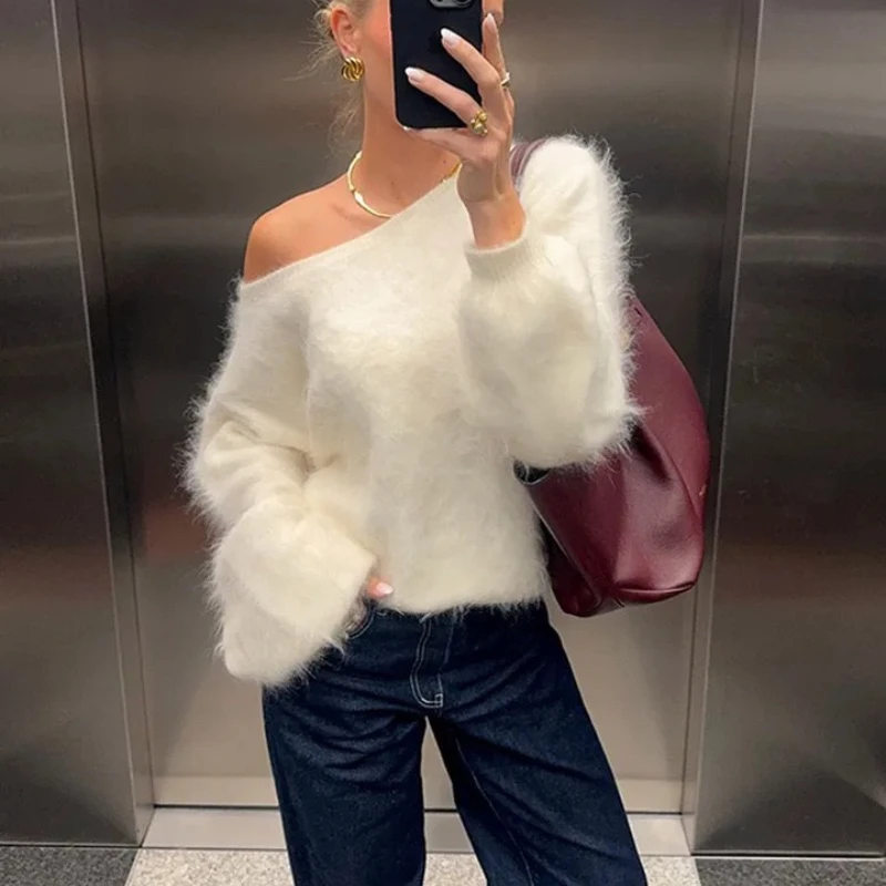 

Deeptown Elegant Fluffy Mohair Women Sweaters Sexy Sweet Off-shoulder White Jumpers Casual Pink Long Sleeve Knitted Pullovers