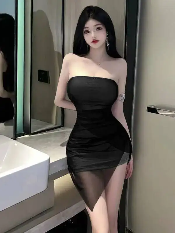 Summer Mesh Double-layer Sheer Lining Strapless Dress Women Spicy Girl Cinching Waist Wrap Hip Irregular Tight Short Dress 8BLD