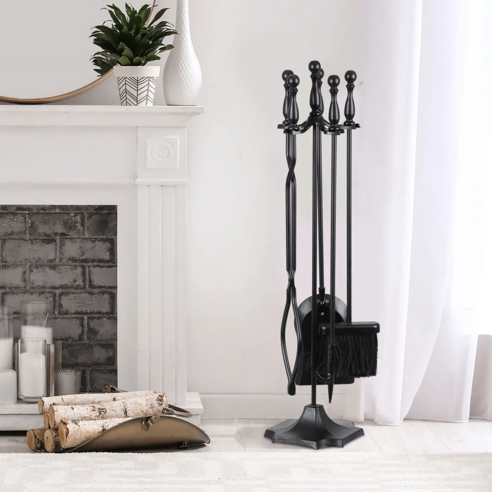 US 5 Pcs Fireplace Tool Set Black 31Inch Large Heavy Duty wrought Iron Black Handle