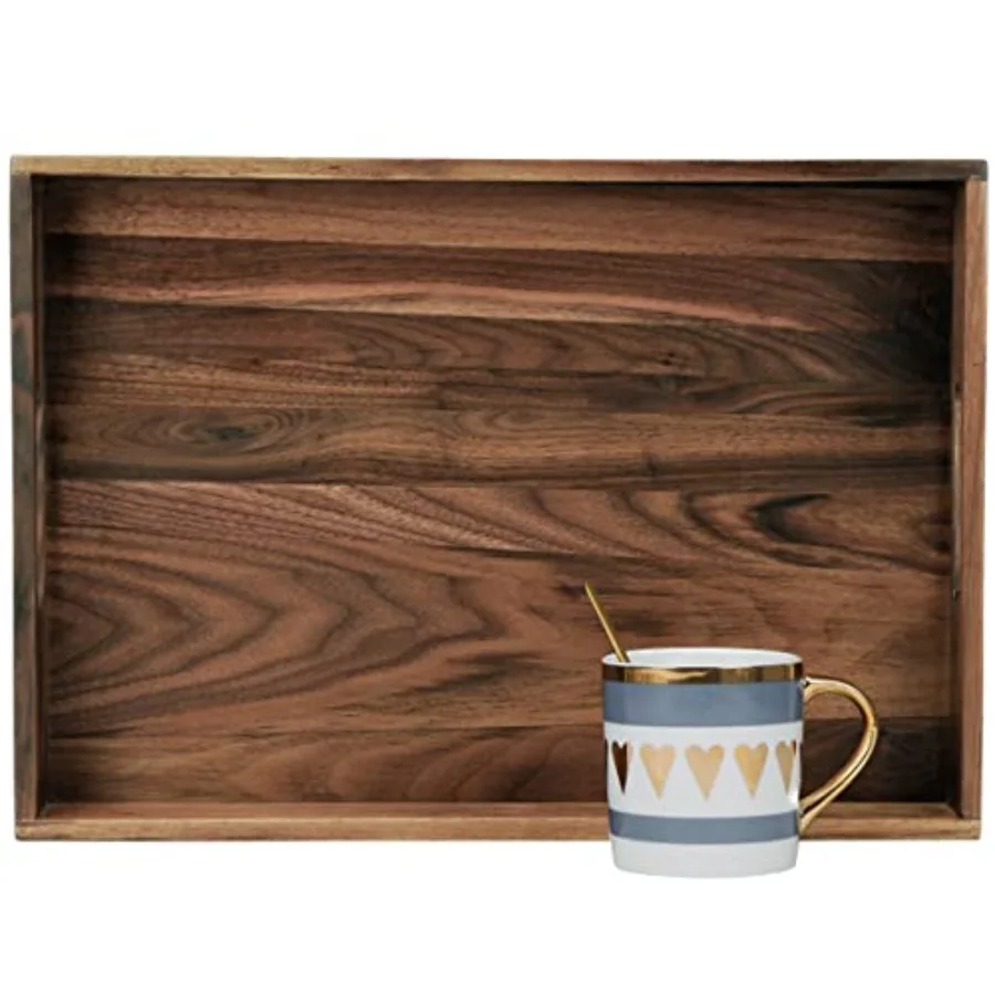 

17 x 12 Inch Rectangle Walnut Wood Ottoman Tray with Handles Serve Tea Coffee Classic Wooden Decorative Serving Tray