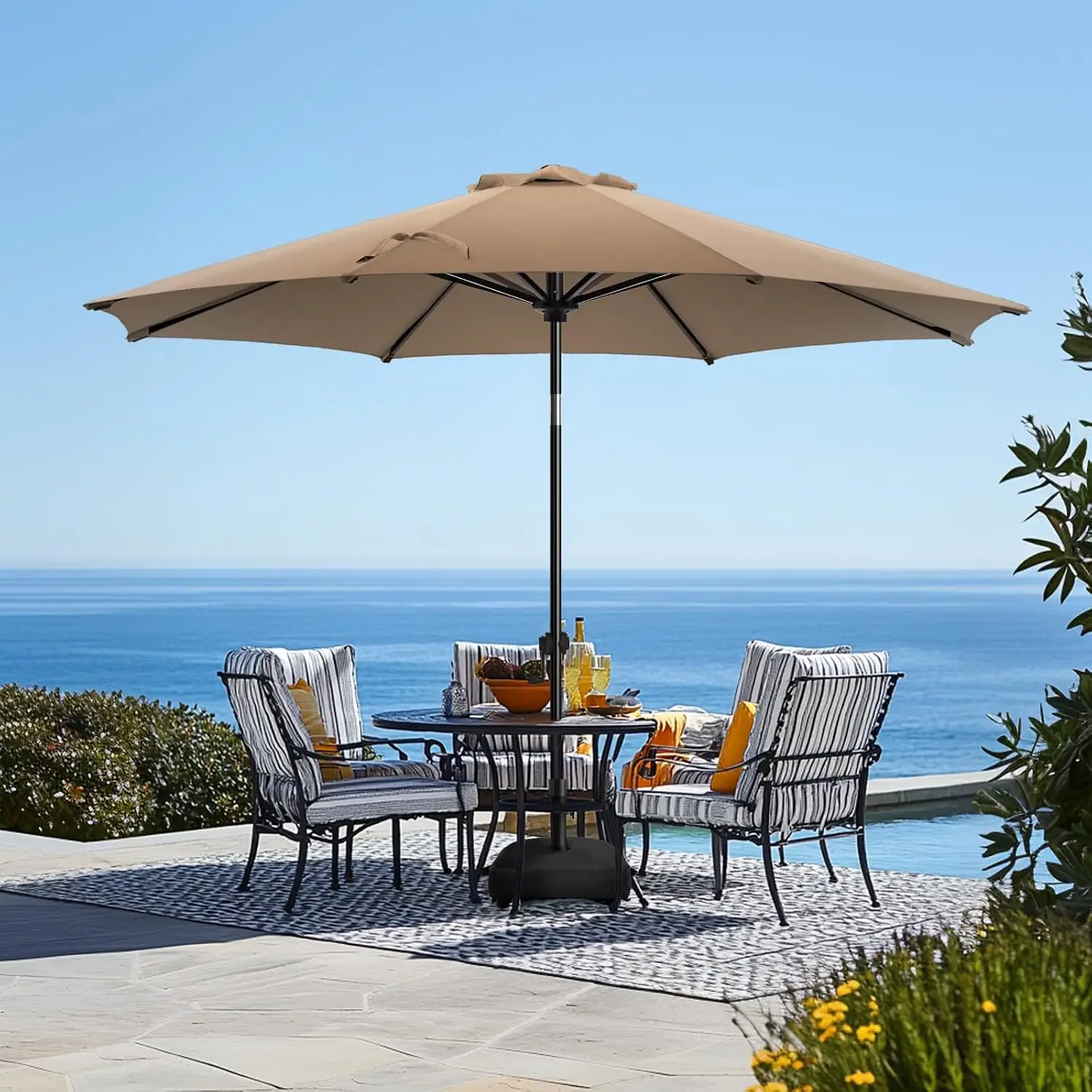 9FT Patio Umbrella with Base, Outdoor Umbrellas with Base Included, 8 Sturdy Ribs, Waterproof Fade Resistant POLYESTER DTY Canopy for Deck, Lawn, Garden, Backyard & Pool, Tan