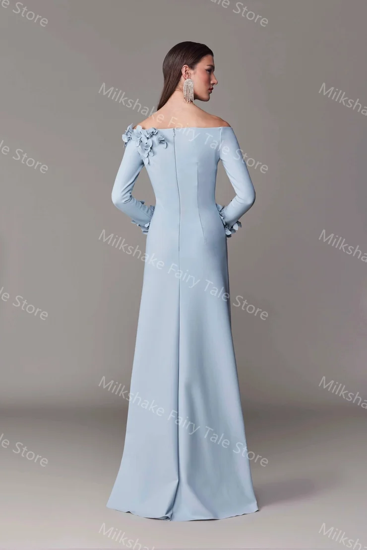 Abiti da sera da donna in raso blu con applicazioni floreali Abiti da ballo a maniche lunghe con spalle scoperte Sweep Train Abiti da cerimonia personalizzati per invitati