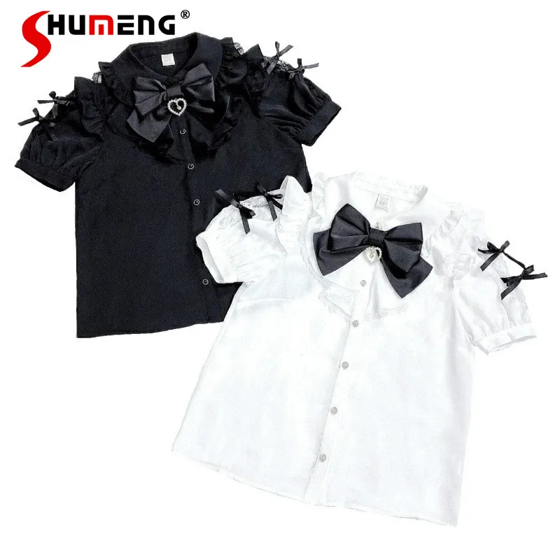 

2026 Summer Japanese Mass-produced Lace Splicing Lace-up Bow Single-breasted Sweet Cute Versatile Short-sleeved Shirt Top Women