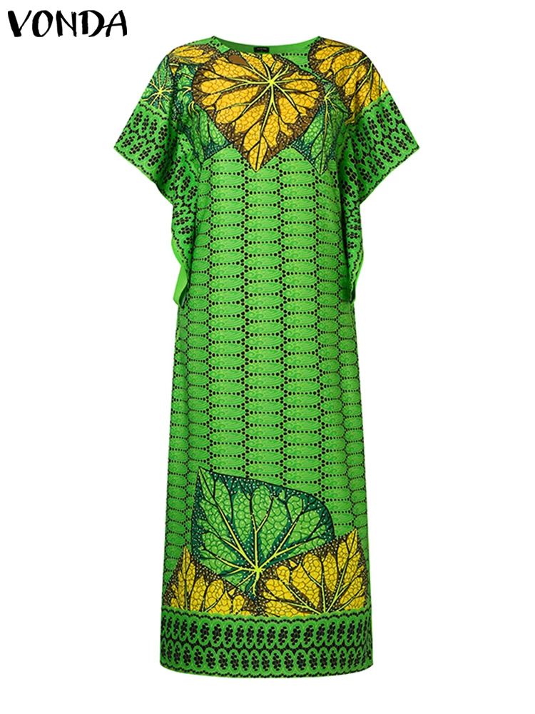 VONDA-Vestido largo bohemio para mujer, vestido veraniego estampado Vintage, Vestidos de fiesta de manga corta, bata holgada informal de gran tamaño 2024