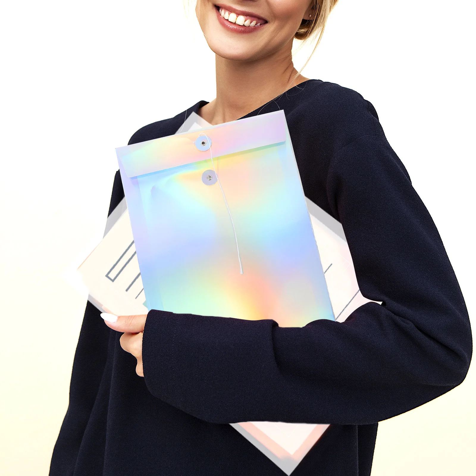3Pcs Holographic File Folder Bags A4 Decorative Document Organizer Tie Closure File Storage Pouches Receipt Organizer Office
