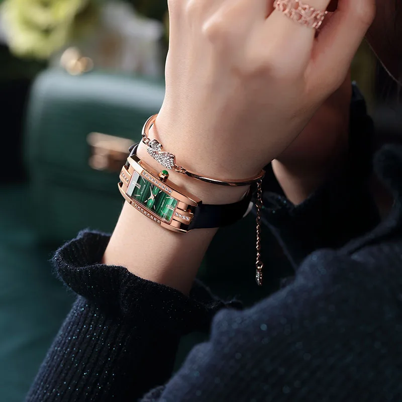 ROCOS-relojes rectangulares de cuarzo para mujer, pulsera de lujo con esfera verde de diamante Simple, a la moda, R209S