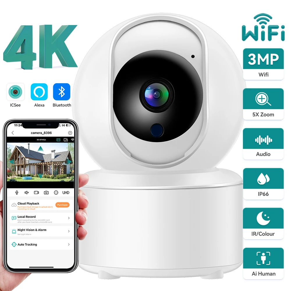 3MP 2K WIFI Camera Mini PTZ IP Camera  Auto Tracking Two-Way Audio Motion Detection ICsee Home Security Camera Baby Monitor