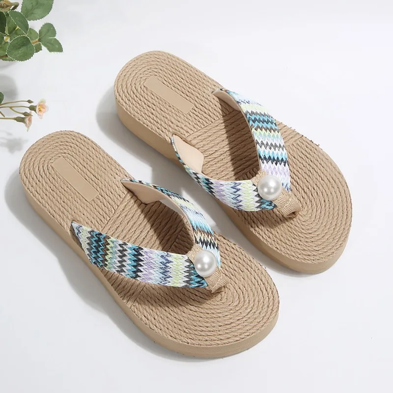 2026 New Fashionable Women's Linen Summer Beach Thick-Soled Flip-Flops Casual Outdoor Hot Selling Wedge Heel Non-Slip Sandals