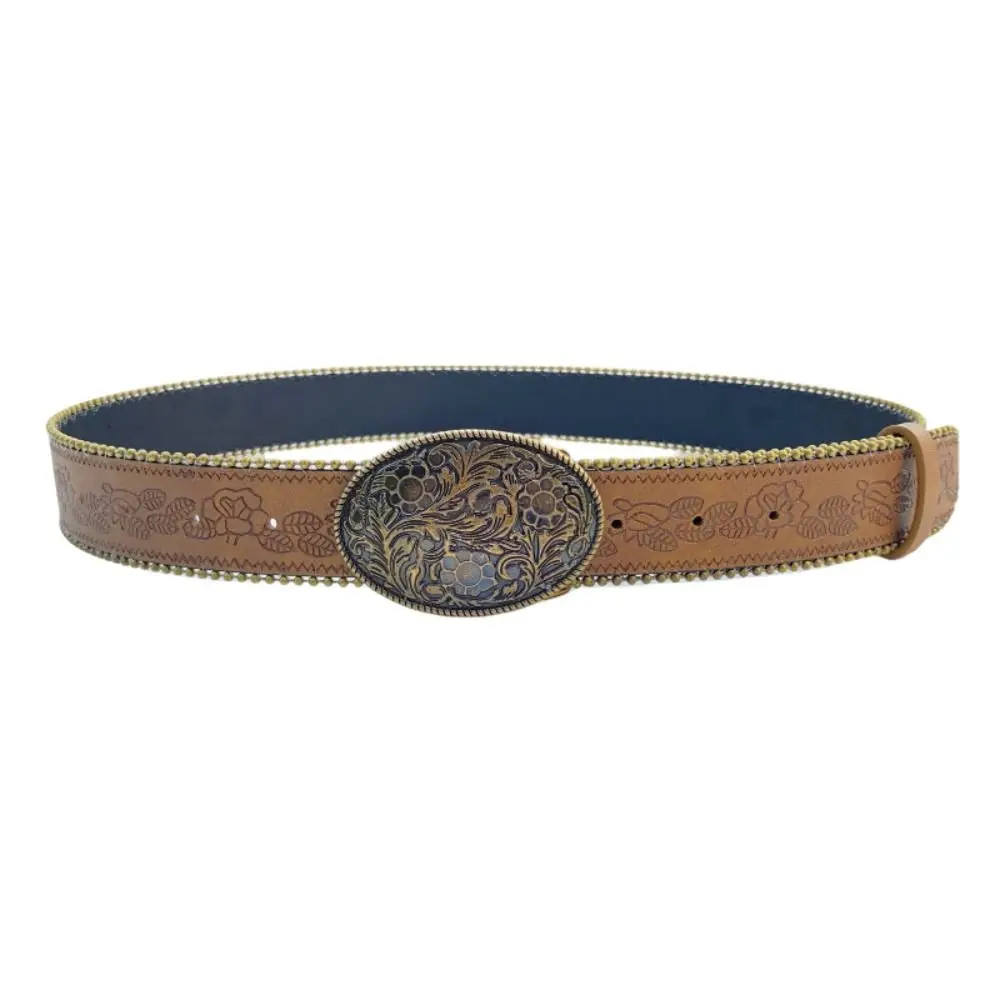 Damengürtel aus PU-Leder, verstellbar, Vintage-Western-Cowboy-Gürtel, Boho-Braun, ländlicher Gürtel mit gravierter Schnalle für Jeans, Hosen, Kleider