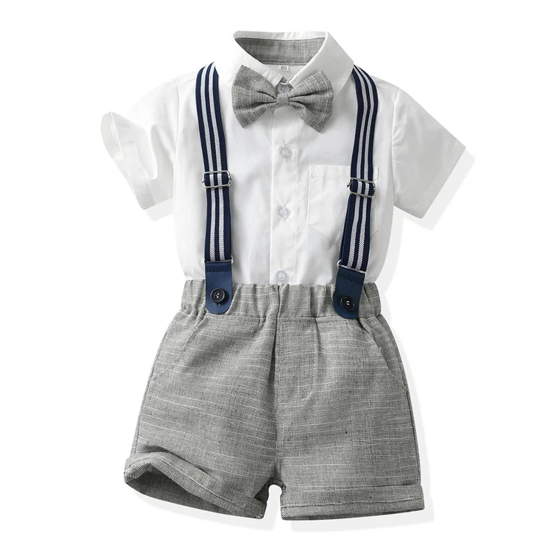 Top and Top-Ensemble de vêtements de gentleman pour enfants, chemises à nœud papillon à manches courtes et shorts à bretelles, olympiques pour