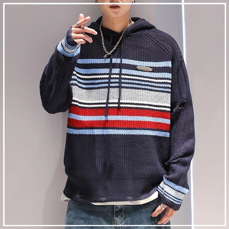 

Street Casual Trend Popularity Vintage Color Collision Stripe Handsome Versatile Insert Knit Men's Hooded Sweater Autumn 2024