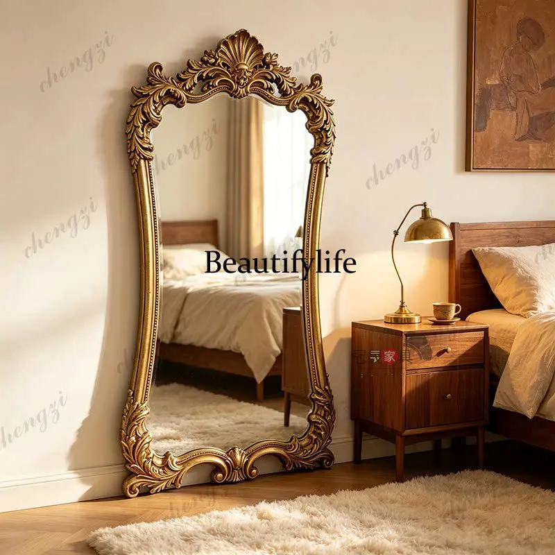 European retro full-length mirror, bedroom floor-to-ceiling carved dressing mirror, living room  advanced dressing mirror